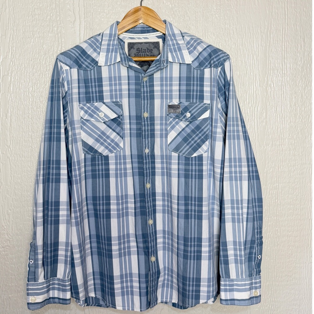 Slade Wilder Mens Blue White Plaid Long Sleeve Button Down Western Shirt Large